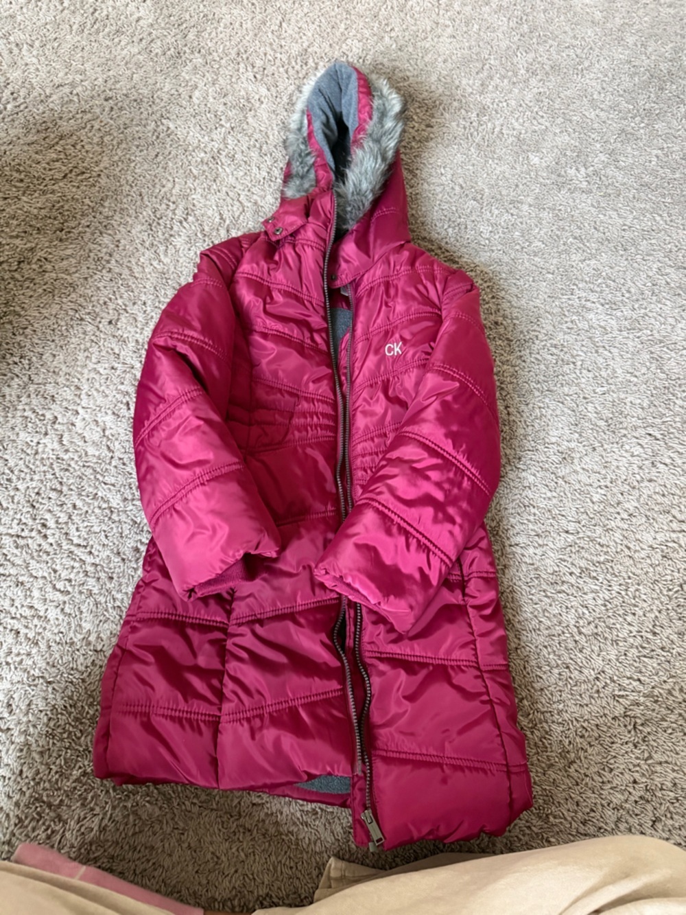 Preloved Calvin Klein Jeans Girls Pink Quilted Puffer Coat with Faux Fur Hood